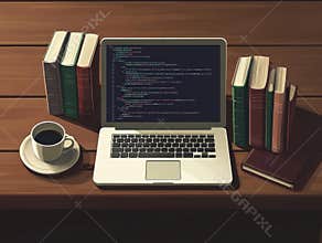 Coding, A Programmer's Productive Morning Routine, Enhances Focus and Improves Efficiency with Coffee and Books. A