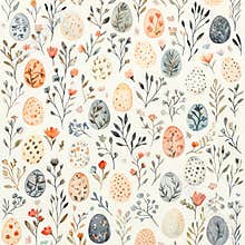 Watercolor seamless pattern with decorated Easter eggs and delicate wildflowers in soft earthy and pastel tones.