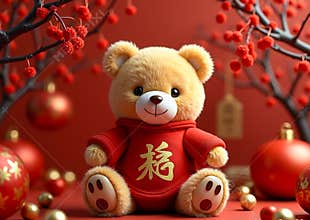 Cute Teddy Doll in Traditional Chinese New Year Attire with Red Decorative Background and Spring Ornaments