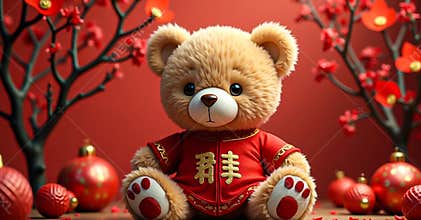 Cute Teddy Doll in Traditional Chinese New Year Attire with Red Decorative Background and Spring Ornaments