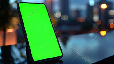A smart device with a bright green screen stands out against a blurred city at dusk