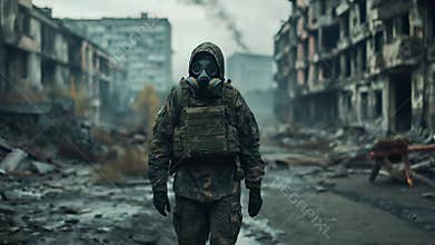Soldier in gas mask walking through ruined city, armed stalker in gas mask symbolizing survival in war-torn ruins.