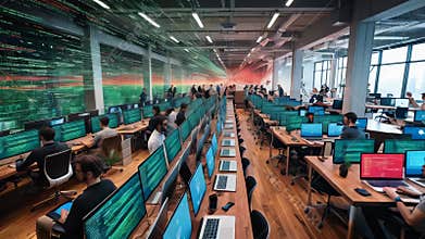 Busy office with rows of programmers and futuristic digital data flow. Cybersecurity and technology concept