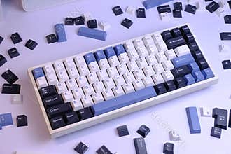 Modern 75% Layout Mechanical Keyboard with White, Blue, and Black Keycaps on a Clean White Desk