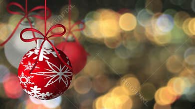 Hanging Holiday Ornaments Spinning on Golden Sparkly Blurred Festive Background