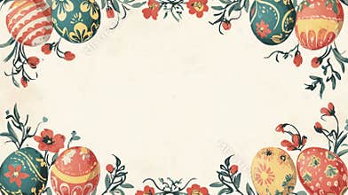 Vintage Easter Card Template with Floral Borders and Ornate Egg Designs for Nostalgic Holiday Greetings
