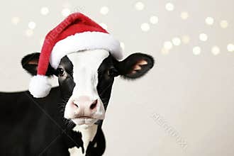 Festive cow wearing a Santa hat against a blurred holiday light background