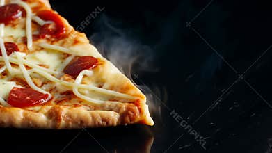 Fresh hot pizza on a dark background.