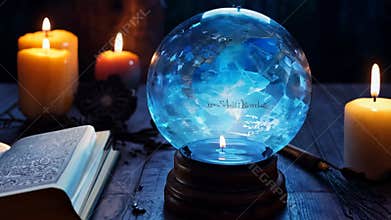 Glowing blue magical crystal ball on a table in a witch's lair surrounded by candles.