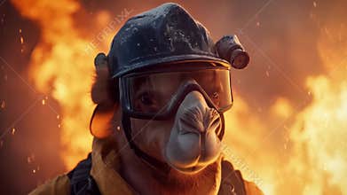 A courageous camel dressed as a firefighter standing against a blazing background, ready for action