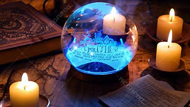 Glowing blue magical crystal ball on a table in a witch's lair surrounded by candles.