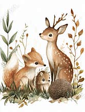Forest animals gather in harmony amidst lush greenery and delicate foliage on a peaceful day. Generative AI