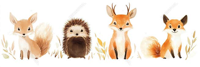 Forest animals gather in a tranquil woodland setting showcasing adorable creatures in their natural habitat. Generative