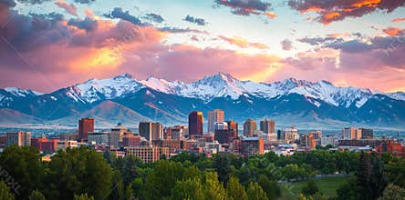 Majestic mountains form a stunning background for the Denver skyline, highlighting the scenic cityscape of Colorado.