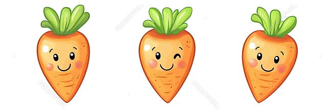Cute cartoon carrots with smiling faces, vibrant orange color, green tops, playful expressions, suitable for