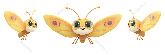 Cute cartoon butterfly character, vibrant yellow wings, large eyes, friendly expression, 3D design, playful pose
