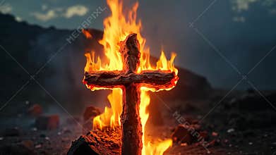 Cross Engulfed in Flames Represents Faith and Renewal Among Ashes
