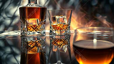 Distilled elegance: cognac presentation, whiskey aroma, brandy warmth, premium beverage, rich essence, crafted spirit, refined