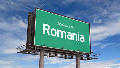 Welcome To Romania Road Sign. Airplane Landing Romania.