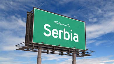 Welcome To Serbia Road Sign. Airplane Landing Serbia.