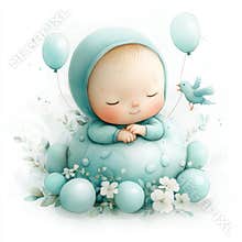 A lovely hand-drawn watercolor design showcasing a baby cradle, crib, air balloons, and flowers. Perfect stock clip art