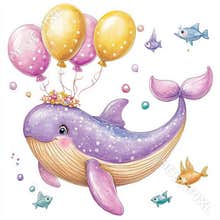 Delightful baby clip art scene with a charming watercolor flying whale and floating air balloons. Children's stock