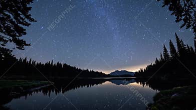Starry night sky reflecting on calm lake surrounded by pine trees. Serenity and nature concept