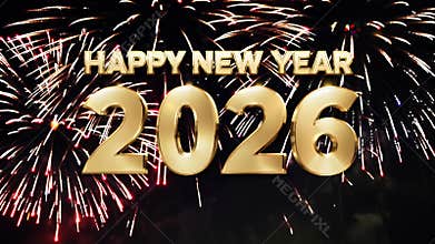 Fireworks exploding around glowing Happy New Year 2026