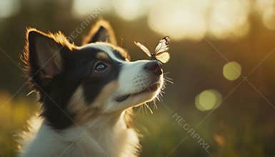 Adorable Dog With Butterfly On Nose Playing In Park