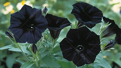 Velvety Nightfall: A Bouquet of Black Petunias in Full Bloom Against a Verdant Backdrop