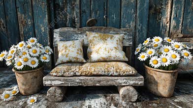 Rustic Wooden Bench with Daisies and Yellow Pillows