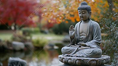 Generative AI Meditation Statue of Buddha Surrounded by Autumn Leaves and Serenity business concept.
