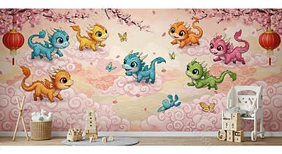 Cartoon Dragons Playing on Clouds Wallpaper in Children's Room Decoration