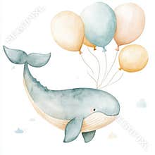 Charming baby clip art featuring an adorable watercolor flying whale and air balloons. Children's stock illustration