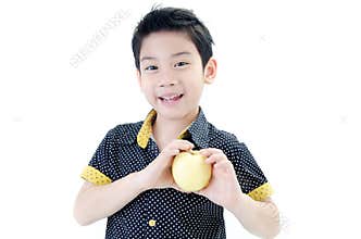 Cute boy with apple on white background