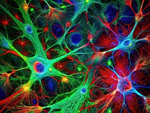 Confocal Microscopy Image of Red Green and Blue Labeled Fibroblast Cells A Detailed Cellular View