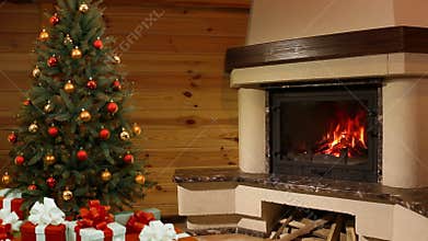 Christmas room. Christmas tree by the fireplace