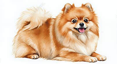 Fluffy Pomeranian Dog in Watercolor Style, Photorealistic Digital Painting with Soft Lighting, Orange and White
