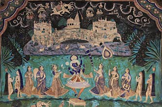 Colorful wall paintings in Chitrashala, Bundi Palace, India