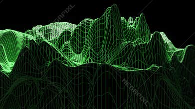 3D Loop Animation - Futuristic 3d mesh with green grid and wavy motion on dark background