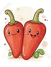 Cute cartoon chili peppers with smiling faces and green leaves