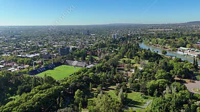 Aerial view of a park with a lake and a fountain in Mendoza, Argentina