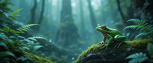 Green Frog on Mossy Rock in Misty Forest