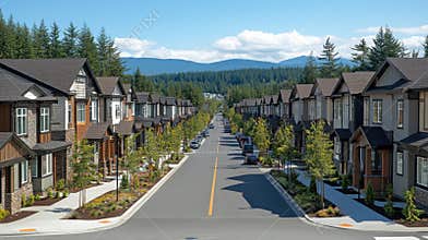 Residential Street with Houses and Mountain View