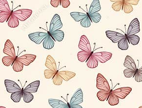 Butterfly Unique Design Set Illustration. Seamless pattern with delicate pink butterflies in vintage style, for