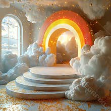 A whimsical St Patricks Day-inspired scene featuring a rainbow-glowing archway, golden coins, and a magical interior The