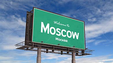 Welcome To Moscow Road Sign. Airplane Landing Moscow Russia.