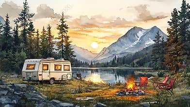 Campers enjoy a peaceful evening by the lake with a stunning sunset view