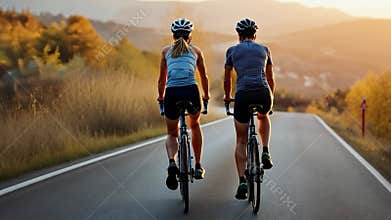 Cyclists couple riding road bikes on scenic country road