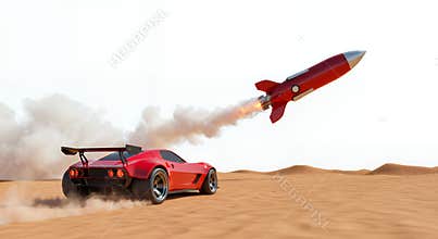 Red Rocket Car Speeding Across Desert Trail